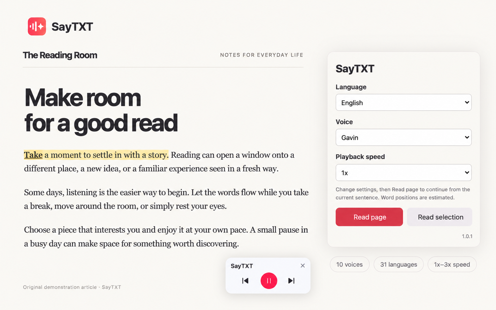 Combined SayTXT Chrome extension demonstration showing word-by-word highlighting, playback controls, and language, voice and speed settings